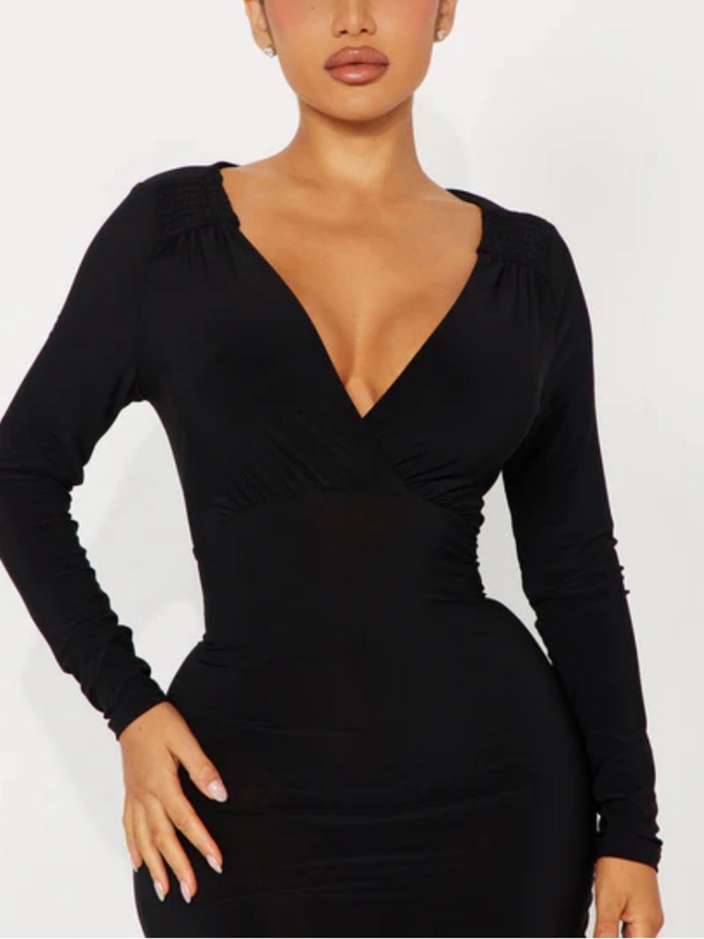 Black Long-Sleeve V-Neck Women’s Top mesh middle and arms